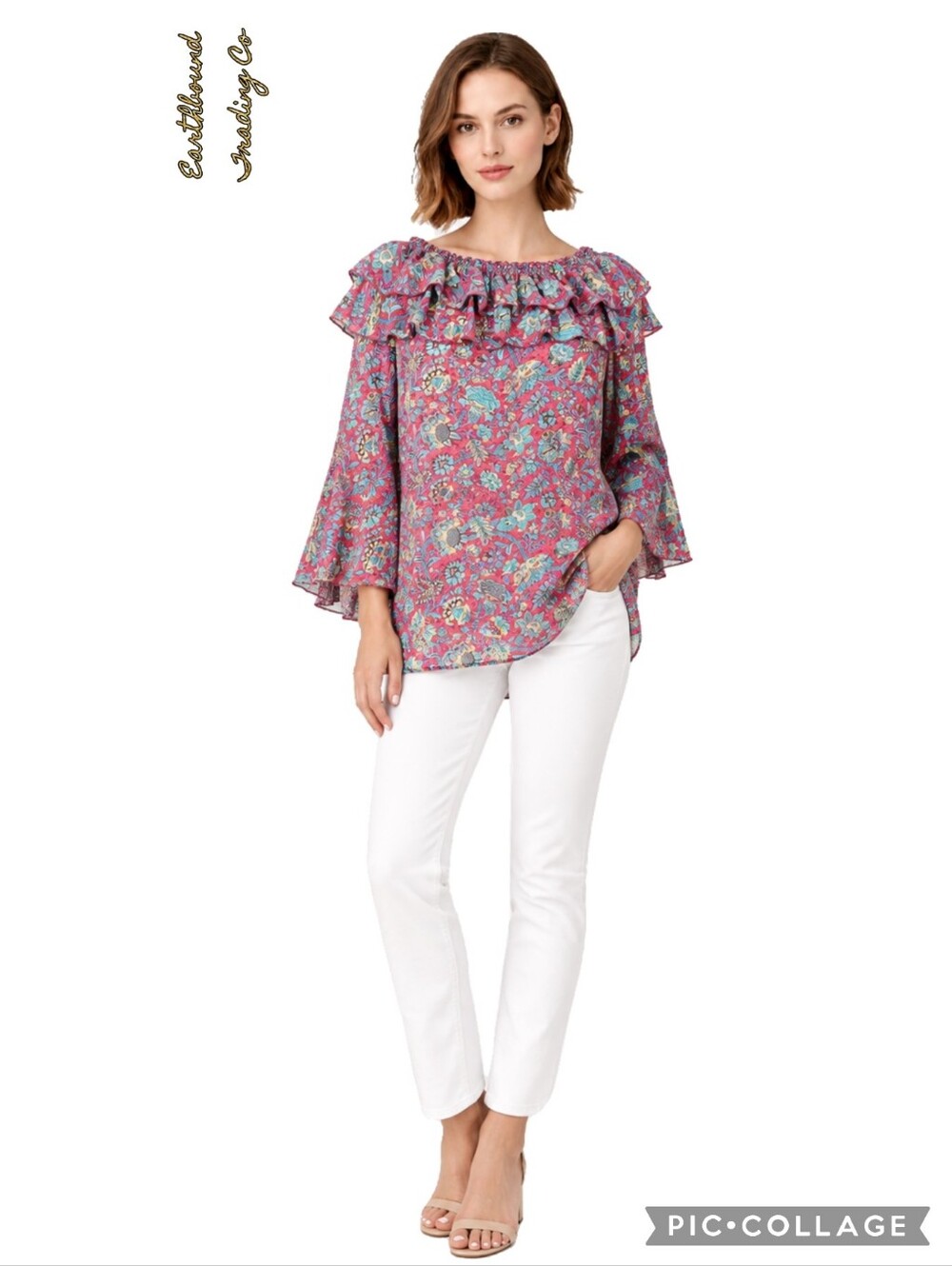 Earthbound double ruffle neck paisley colorful floral print bell sleeves dress